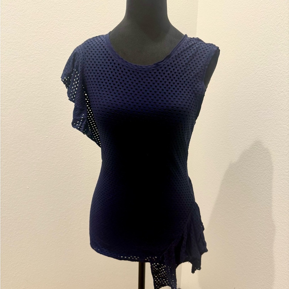 BCBG Max Azria Navy Blue Mesh Overlay Asymmetrical Top Size S